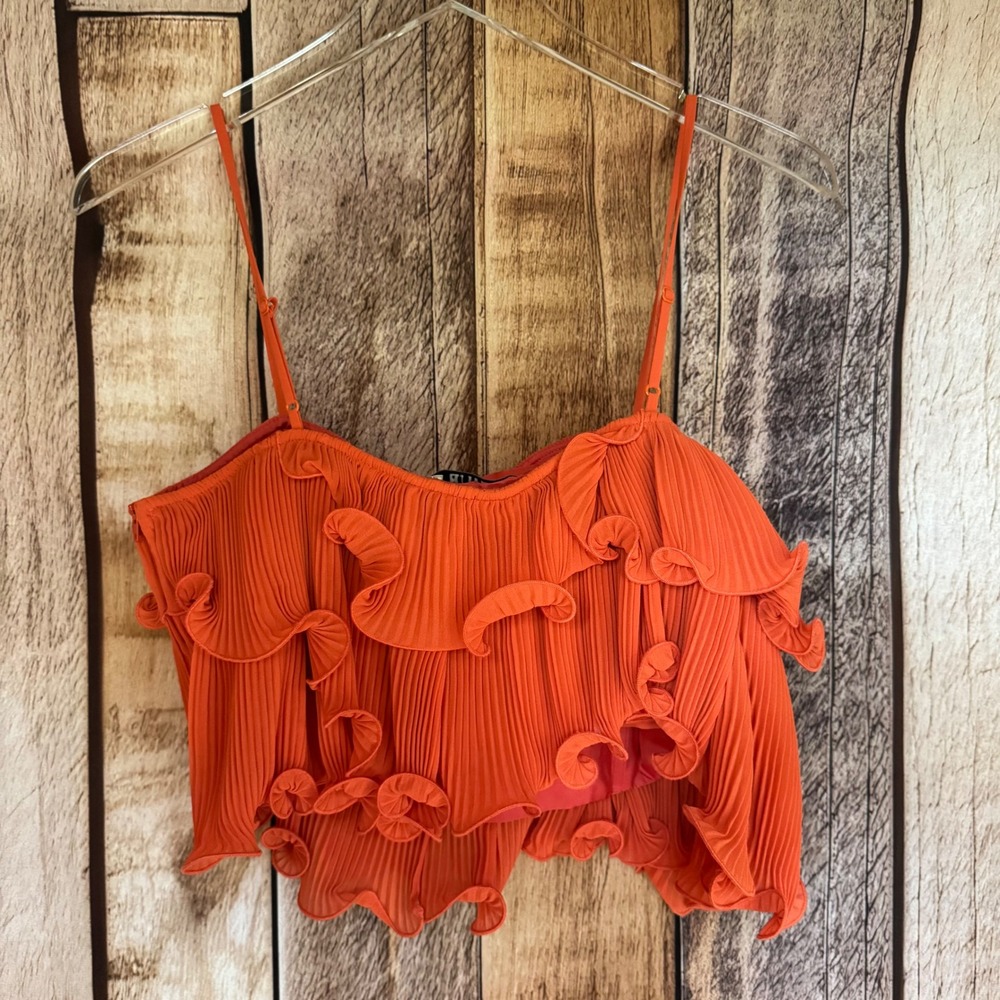AMUR Crop Top Pleated Ruffle‎ Orange Sustainable Resort Romantic Feminine Size 4